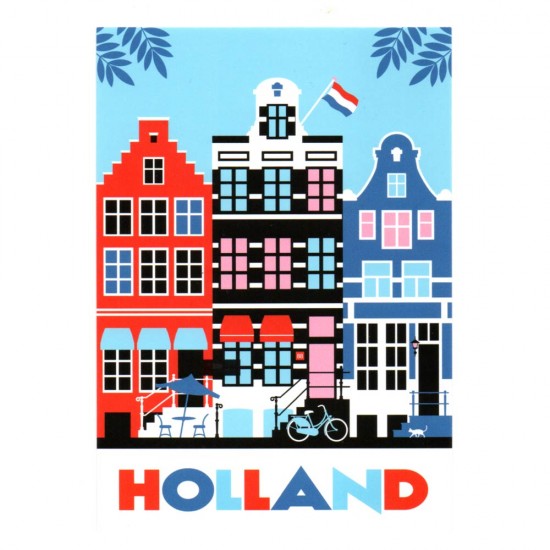 Postkarte Holland mit Grachtenhäusern. Überraschen Sie Ihre Freunde und Familie mit dieser fröhlichen, farbenfrohen und modernen Holland-Postkarte. 