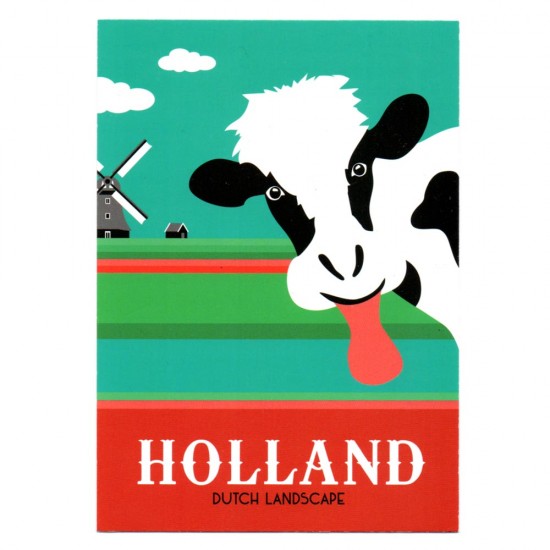 Postkarte Holland mit einer Mühle, einer Kuh in der Landschaft und dem Text: Holland Dutch Landscape. Überraschen Sie Ihre Freunde und Familie mit dieser fröhlichen, farbenfrohen und modernen Holland-Postkarte. 