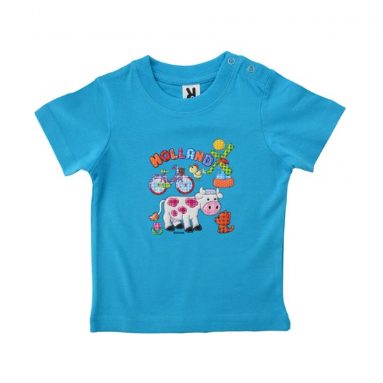 Een turquoise Holland t-shirt voor kinderen. Het T-shirt heeft een vrolijke patch opdruk van verschillende Holland symbolen