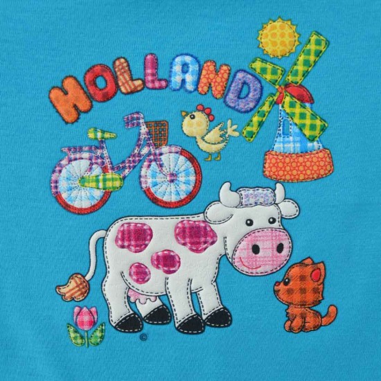 Een turquoise Holland t-shirt voor kinderen. Het T-shirt heeft een vrolijke patch opdruk van verschillende Holland symbolen