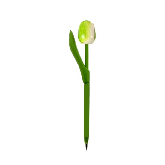 Balpen met houten tulpenblad en wit groene tulpenkop. Zeer decoratieve balpen die goed schrijft en ook erg leuk is om als souvenir te geven of te krijgen