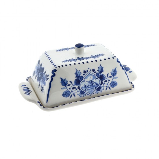 Delfter blaue Butterdose, dekoriert mit einer Mühle in einer typisch holländischen Landschaft, verziert mit Stechpalmenblättern und Delfter Blumendekoration