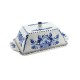 Delfter blaue Butterdose, dekoriert mit einer Mühle in einer typisch holländischen Landschaft, verziert mit Stechpalmenblättern und Delfter Blumendekoration