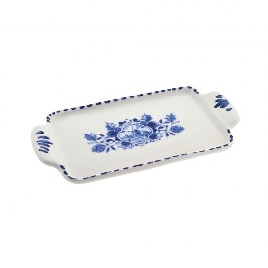 Delfter blaue Butterdose, dekoriert mit einer Mühle in einer typisch holländischen Landschaft, verziert mit Stechpalmenblättern und Delfter Blumendekoration