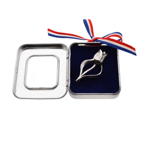 Gift box with silver-plated tulip pin. Unique piece of jewelry in a special tin box with transparent window.
