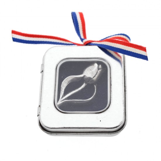 Gift box with silver-plated tulip pin. Unique piece of jewelry in a special tin box with transparent window.