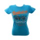 Fun ladies shirt with short sleeves. Playful turquoise shirt with orange Amsterdam print and a bicycle.