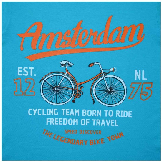 Fun ladies shirt with short sleeves. Playful turquoise shirt with orange Amsterdam print and a bicycle.