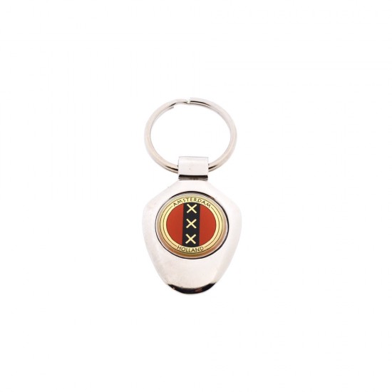 Chrome-plated key ring with an inlay of the 3 Amsterdam crosses and the text Amsterdam - Holland.