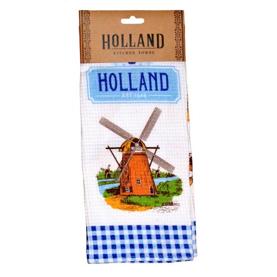 Küchentuch Holland Kitchen blau. Dieses schöne Küchentuch zeigt verschiedene Bilder typisch niederländischer Köstlichkeiten und ist wunderschön gefaltet, was es zu einem fertigen Geschenk zum Verschenken macht.