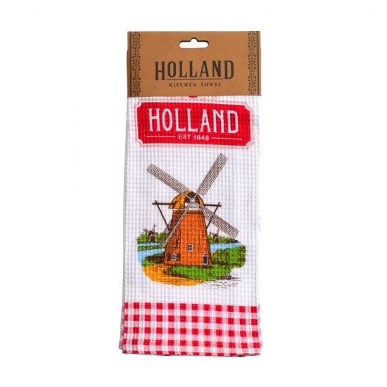 Küchentuch Holland Kitchen rot. Dieses schöne Küchentuch zeigt verschiedene Bilder typisch niederländischer Köstlichkeiten und ist wunderschön gefaltet, was es zu einem fertigen Geschenk zum Verschenken macht.