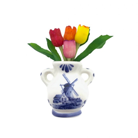 Fridge magnet with a Delft blue vase with colored tulips
