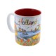 Ceramic cup and spoon set beautifully decorated in color with typical Dutch scenes such as windmills, tulips, clogs, cows, a bicycle and a couple in love.