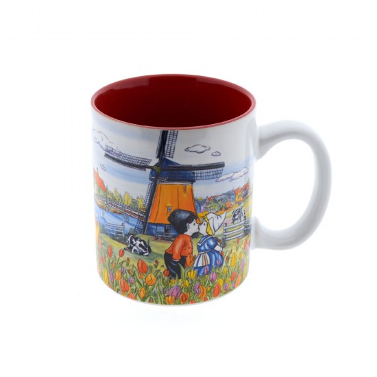 Ceramic cup and spoon set beautifully decorated in color with typical Dutch scenes such as windmills, tulips, clogs, cows, a bicycle and a couple in love.