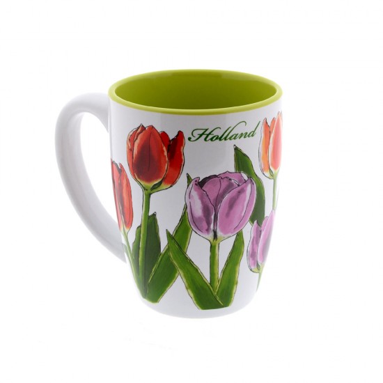 Tasse mit Aufdruck aus farbigen Tulpen und dem Text Holland. Diese Tasse ist in einer wunderschön bedruckten Geschenkbox verpackt.
