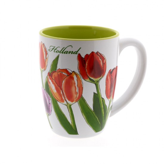 Tasse mit Aufdruck aus farbigen Tulpen und dem Text Holland. Diese Tasse ist in einer wunderschön bedruckten Geschenkbox verpackt.