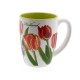 Tasse mit Aufdruck aus farbigen Tulpen und dem Text Holland. Diese Tasse ist in einer wunderschön bedruckten Geschenkbox verpackt.