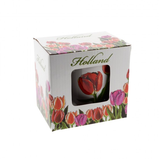 Tasse mit Aufdruck aus farbigen Tulpen und dem Text Holland. Diese Tasse ist in einer wunderschön bedruckten Geschenkbox verpackt.