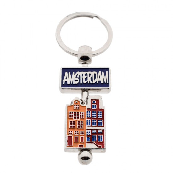 Chromed metal Amsterdam key ring with canal houses. Particularly beautiful key ring whose houses and nameplate on the inside rotate around the axis of the key ring.