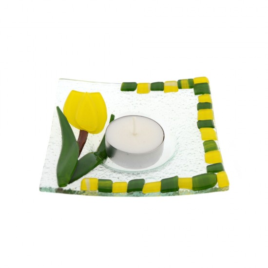 Tealight holder handmade glass bowl with glass on glass decorated with yellow tulip. The massive bowl has a bottom that fits a tea candle.