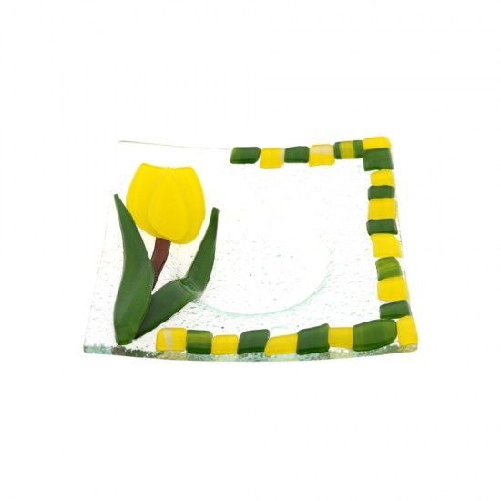 Tealight holder handmade glass bowl with glass on glass decorated with yellow tulip. The massive bowl has a bottom that fits a tea candle.