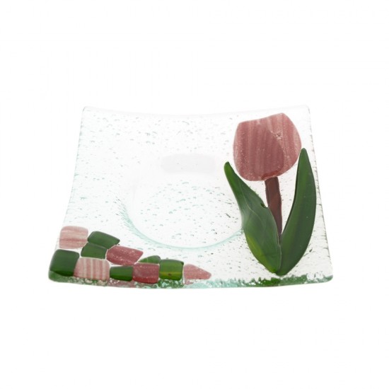 Tealight holder handmade glass bowl with glass on glass decorated with pink tulip. The massive bowl has a bottom that fits a tea candle.