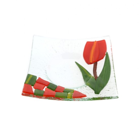 Teelichthalter, handgefertigte Glasschale mit Glas auf Glas, verziert mit rote Tulpe. Die massive Schale hat einen Boden, auf den ein Teelicht passt.