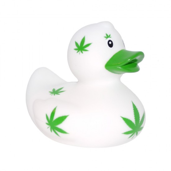 Gummiente mit Cannabisblättern verziert. Ein originelles niederländisches Souvenir und ein schönes Geschenk für den Gummientensammler.