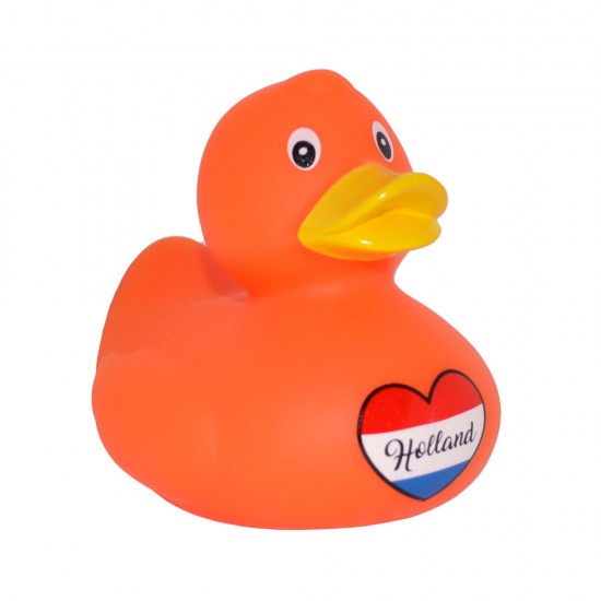 Orangefarbene Badeente verziert mit einer rot-weiß-blauen Flagge und einem Herzen mit dem Text Holland. Ein originelles niederländisches Mutterschaftsgeschenk und ein schönes Geschenk für den Gummientensammler.