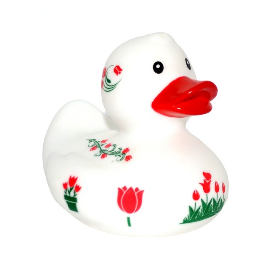 Gummiente mit Tulpen verziert. Ein originelles niederländisches Mutterschaftsgeschenk und ein schönes Geschenk für den Gummientensammler.
