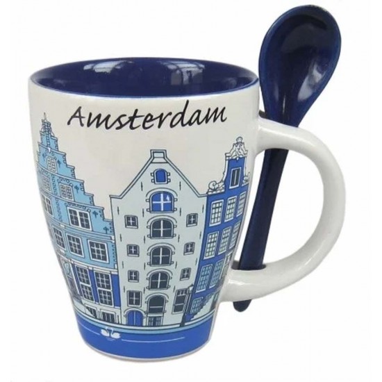 Ceramic cup with spoon set with canal houses and the text Amsterdam in blue