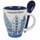 Ceramic cup with spoon set with canal houses and the text Amsterdam in blue