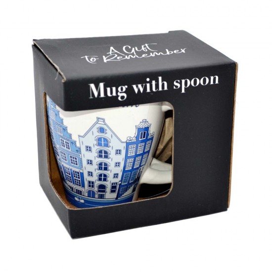 Ceramic cup with spoon set with canal houses and the text Amsterdam in blue