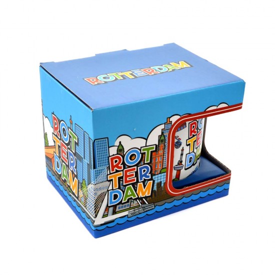 Mok met een vrolijke opdruk van Rotterdamse symbolen in comic elements stijl. Deze beker zit verpakt in een fraai bedrukt geschenkdoosje
