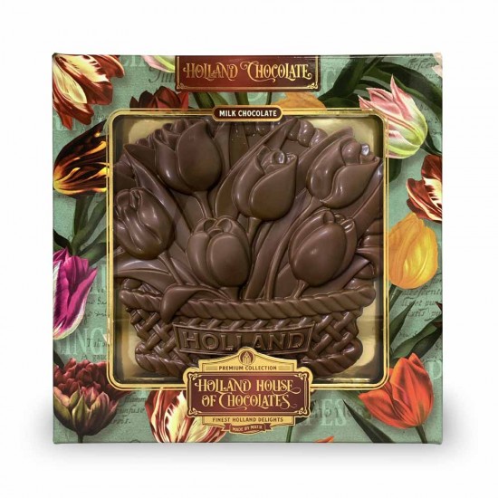 Luxuriöse Geschenkbox mit Art-Déco-Tulpendesign, gefüllt mit einer Plakette aus Milch Schokolade in Form eines mit Tulpen gefüllten Korbs und dem Text „Holland“. 