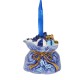 Delft blue gift bag with gifts, a gold teddy bear and gold ribbon. Very detailed Christmas ornament with blue hanging ribbon.