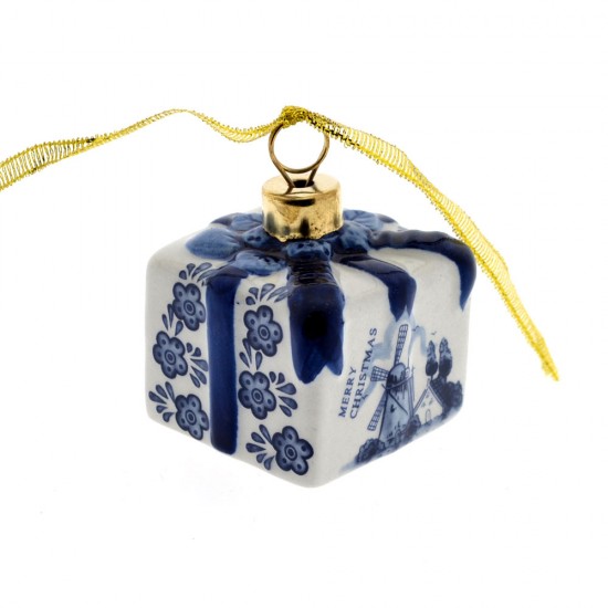 Keramik-Weihnachtsanhänger Weihnachtsgeschenk, klassisches Delfter Blau dekoriert mit Blumen und einer Windmühle in einer typisch holländischen Landschaft. Origineller Weihnachtsschmuck mit goldenem Band zum Aufhängen