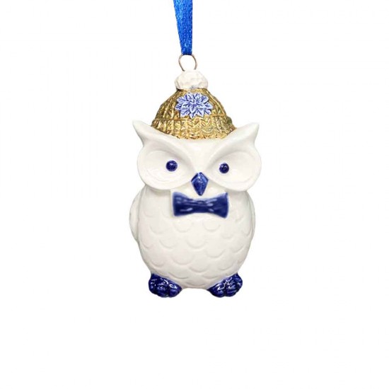 Delfter blauer Weihnachtsbaumanhänger einer Eule mit goldenem Hut