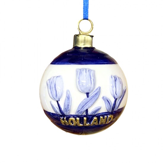 Delfter blaue Weihnachtskugel mit geprägten Tulpen und dem Text Holland in Gold.