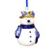 Delfter blauer Weihnachtsbaumanhänger eines Schneemanns mit goldenem Hut.