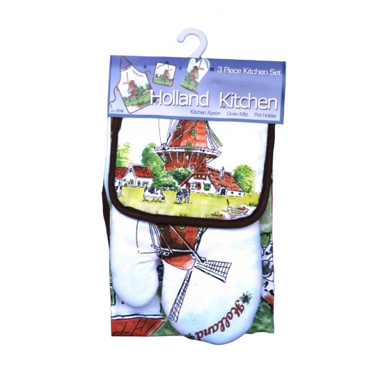 Küchenset bestehend aus Küchenschürze, Ofenhandschuh und Topflappen. Holland-Küchenset mit Mühle in einer typisch holländischen Landschaft