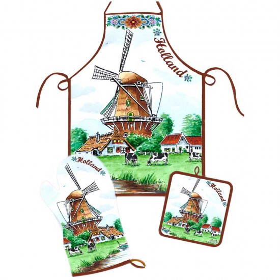 Küchenset bestehend aus Küchenschürze, Ofenhandschuh und Topflappen. Holland-Küchenset mit Mühle in einer typisch holländischen Landschaft