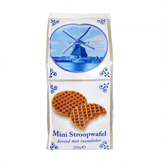 Mini stroopwafels verpakt in een typisch Hollandse verpakking in Delfts blauwe stijl.