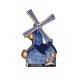 Windmühle aus Keramik im Delfter Blau-Stil mit goldenen Tulpen und Flügeln mit goldenem Rand.