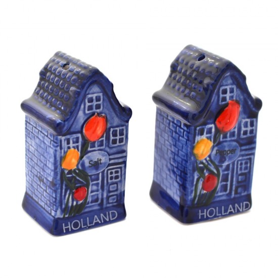 Salz- und Pfefferset aus blauen Keramikhäusern mit farbigen Tulpen und dem Text Holland