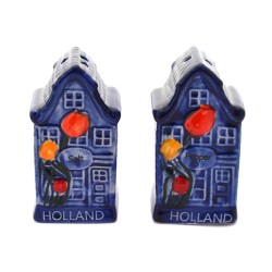 Geschenkbox Pfeffer und Salz blaues Haus mit farbigen Tulpen Geschenkbox Pfeffer und Salz blaues Haus mit farbigen Tulpen