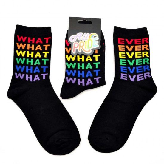 Black socks with print Whatever in rainbow colors. Nice socks to be proud of.