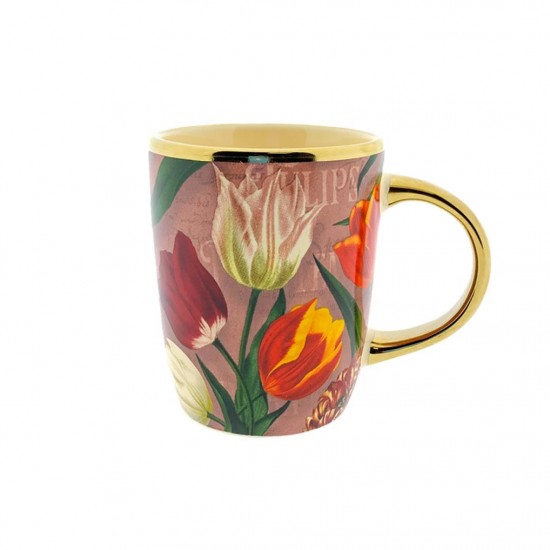 Pretty Tulips Senseo Kaffeetasse mit wunderschönem rosa Tulpendekor mit goldenem Rand und goldenem Henkel