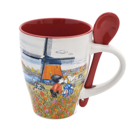 Ceramic cup and spoon set beautifully decorated in color with typical Dutch scenes such as windmills, tulips, clogs, cows, a bicycle and a couple in love.