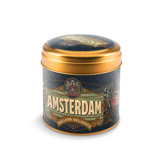 Die berühmten holländischen Sirupwaffeln (Stroopwafels) in einer speziell entworfen luxuriösen Amsterdam Aufbewahrungsdose. Eine Amsterdammer Stroopwafel-Dose mit Charleston-Dekor.